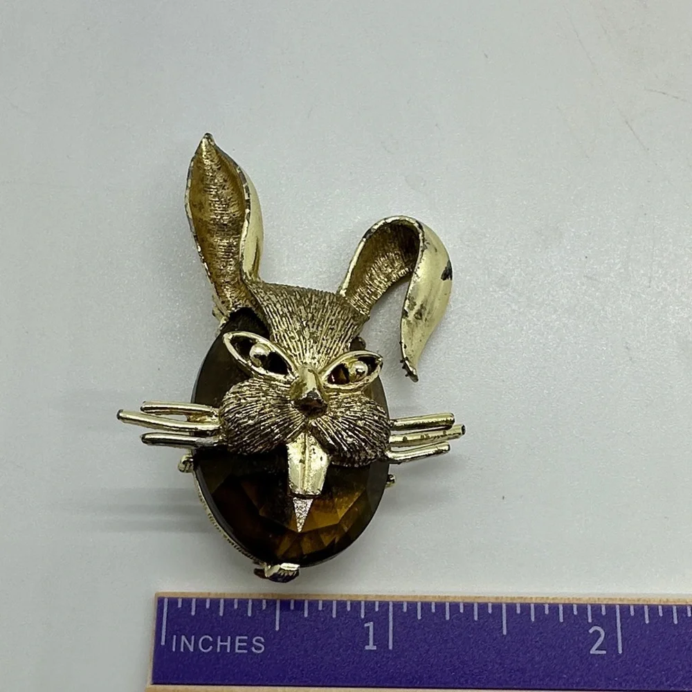 Mischievous Gothic Bunny Gold and Brown Rabbit Brooch Costume Jewelry